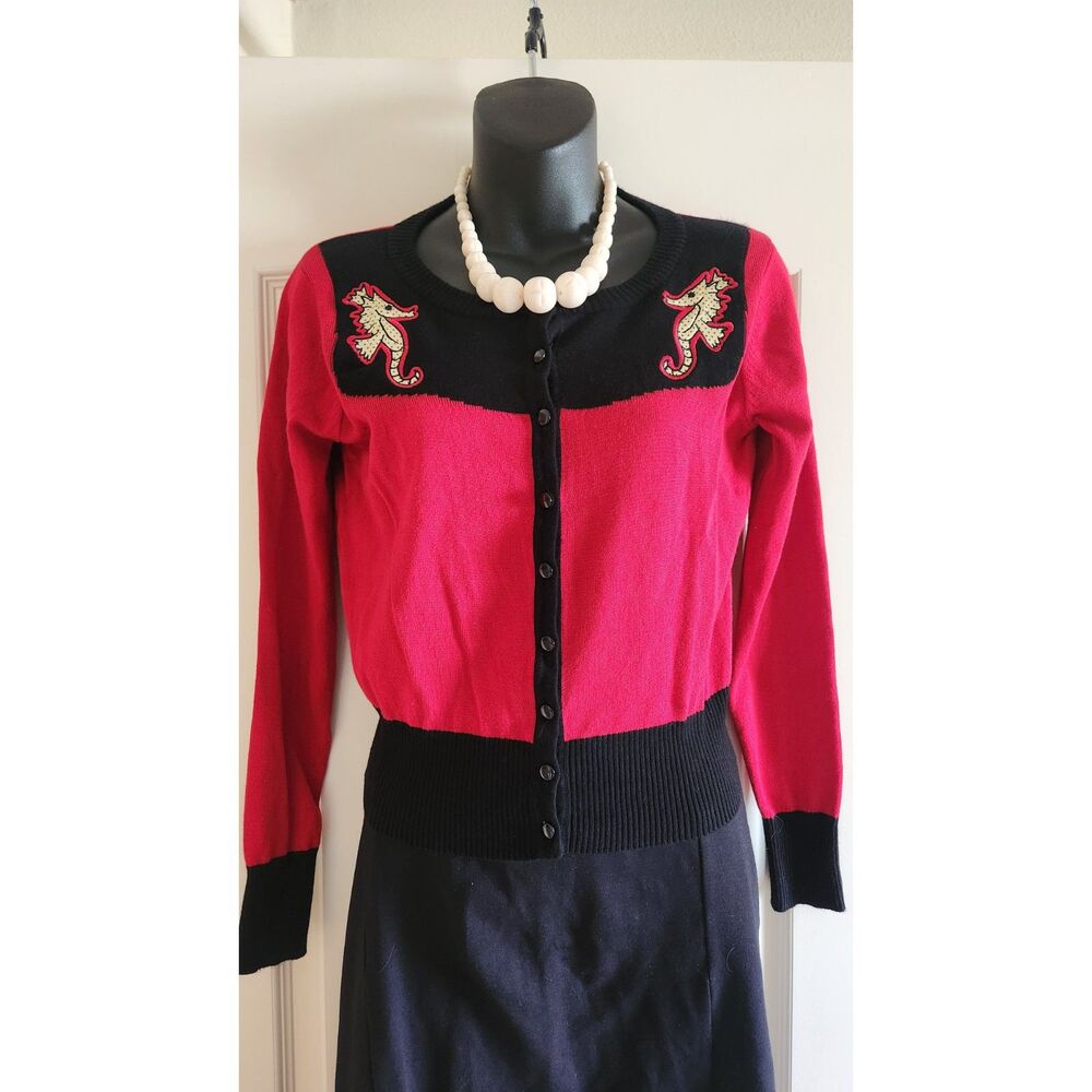 Voodoo Vixen Red Seahorse Applique Cardigan Rockabilly Tiki Retro Sweater Size M
